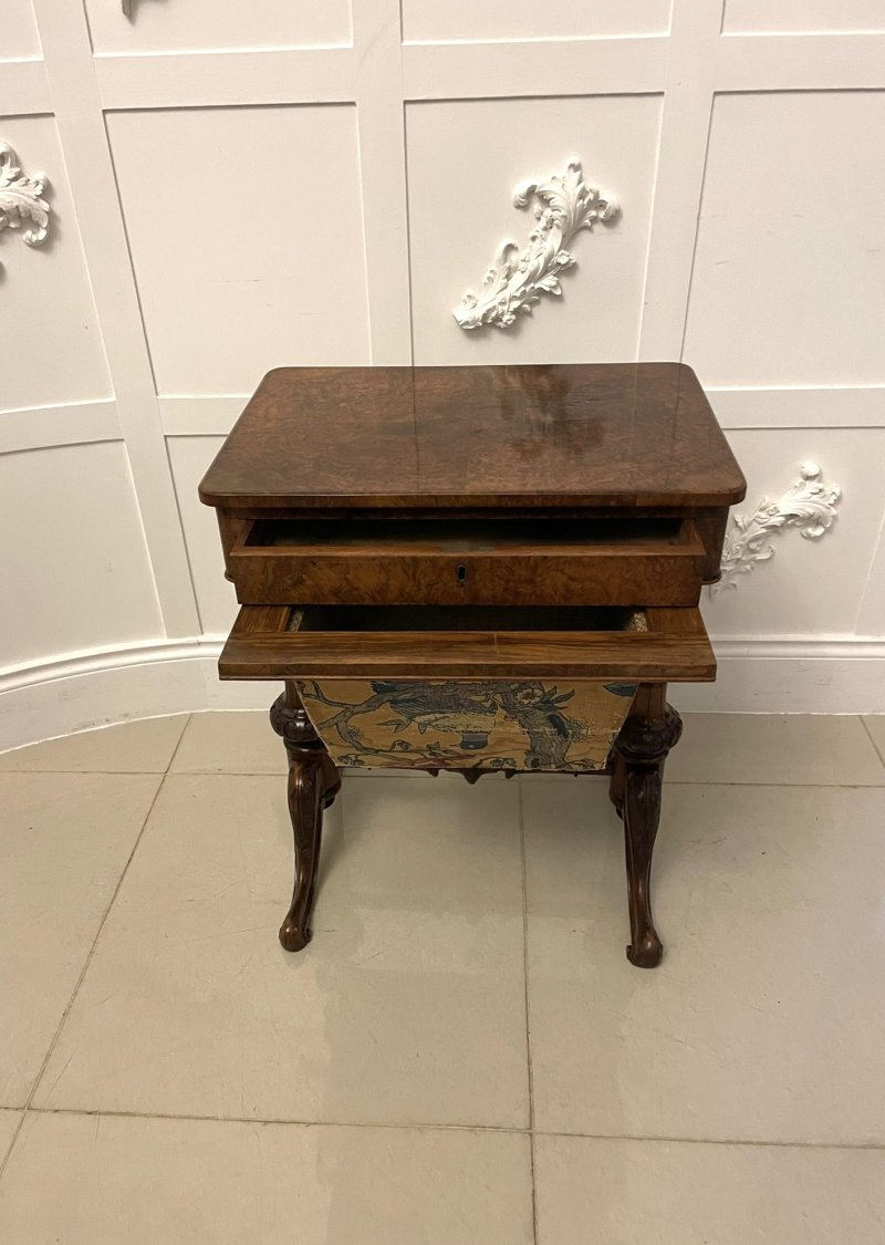 Antique Victorian Quality Burr Walnut Freestanding Sewing/Lamp Table - Image 5